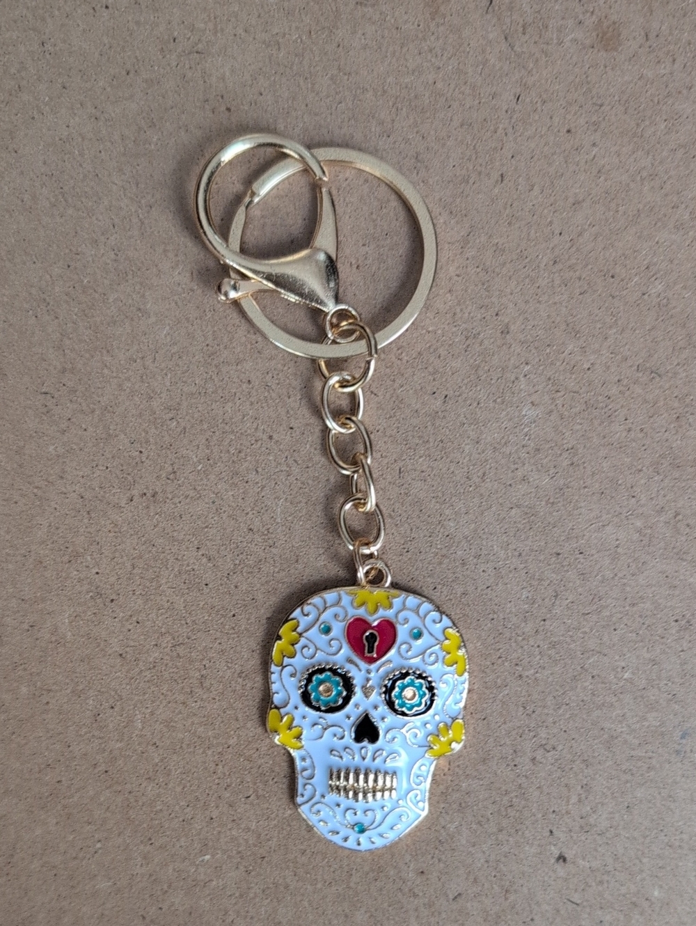 Gold-Tone White Sugar Skull Keychain by